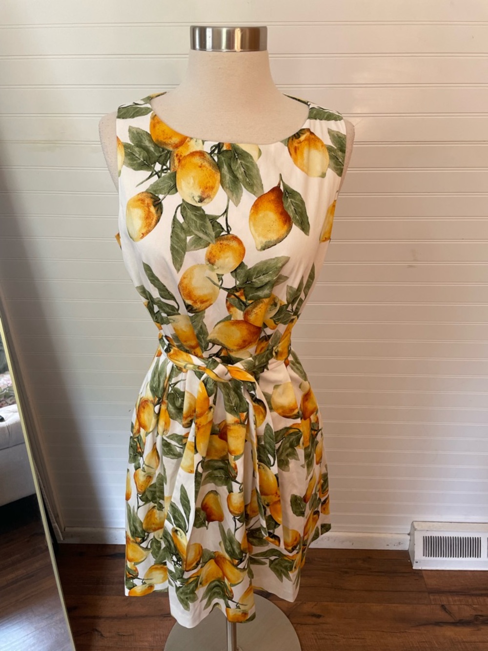 Ann Taylor Lemon Fruit Print Fit Flare Belted Dress Above Knee